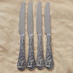 Cambridge Stainless Steel 4 Butter Knives Set Elk Deer Wildlife Embossed Handle